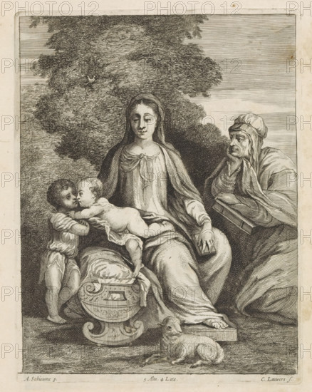 Mary with the Christ Child, the young John the Baptist and St. Elizabeth, print, album page, The Christ Child reaches over a cradle towards the young John the Baptist. On the right, his mother Elizabeth looks on. This print is part of an album., printmaker: Conrad Lauwers, Antwerp, after painting by Schiavone, Italy, publisher: David Teniers (II), Brussels, grantor of privilege: Spanish Crown, 1660, paper, etching, height 221 mm x width 171 mm, David Teniers probably produced an oil study on canvas or panel (so-called pasticcio) of all the paintings in the collection of Leopold William of Austria, which served as a model for the printmakers. It is not always clear whether the pasticci were made by him or by his workshop. Not all pasticci have survived., Mary, the Christ-child and John the Baptist, Elisabeth present, A detailed black and white engraving shows a seated woman wearing a draped robe and a head covering, her eyes lowered and hands resting near a small rectangular object and ...