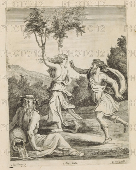 Apollo and Daphne, print, album page, Apollo pursues the nymph Daphne because he is in love with her. Daphne begs her father, the river god Peneus, who is sitting in the front, to help her. He causes Daphne to turn into a laurel tree. This print is part of an album., printmaker: Theodorus van Kessel, Southern Netherlands, after painting by Schiavone, Italy, publisher: David Teniers (II), Brussels, grantor of privilege: Spanish Crown, 1660, paper, etching, height 222 mm x width 170 mm, The print was produced after the painting by Schiavone which is in the collection of the Kunsthistorisches Museum in Vienna (inventory number GG_356). David Teniers probably produced an oil study on canvas or panel (so-called pasticcio) of all the paintings in the collection of Leopold William of Austria, which served as models for the printmakers. It is not always clear whether the pasticci were made by him or by his studio. Not all pasticci have survived., Daphne changed into a laurel-tree: while fleein...