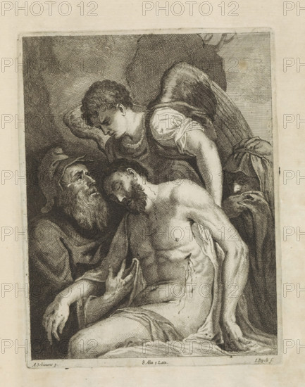 Lamentation of Christ, print, album page, An angel supports the body of Christ. On the left Nicodemus and on the right the grieving Mary. This print is part of an album., printmaker: Johannes Popels, Antwerp, after painting by Schiavone, Italy, publisher: David Teniers (II), Brussels, grantor of privilege: Spanish Crown, 1660, paper, etching, engraving, etching and engraving, height 225 mm x width 172 mm, The print was produced after the painting by Schiavone which is in the collection of the Gemäldegalerie in Dresden (inventory number Gal.-Nr. 274). David Teniers probably produced an oil study on canvas or panel (so-called pasticcio) of every painting in the collection of Leopold William of Austria, which served as models for the printmakers. It is not always clear whether the pasticci were made by him or by his studio. Not all pasticci have survived., lamentation over the dead Christ by his relatives and friends (Christ usually without crown of thorns) (Mary), A detailed monochrome e...