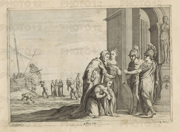 Departure of Aeneas, print, album page, Anna, Dido's sister, begs Aeneas not to go. Two women hold a small chest. A soldier stands beside Aeneas. Behind them a classical building. In the background, the crew is preparing the ship for departure. This print is part of an album., printmaker: Quirin Boel, Southern Netherlands, after painting by Schiavone, Italy, publisher: David Teniers (II), Brussels, grantor of privilege: Spanish crown, 1660, Quirin Boel, Schiavone, David Teniers (II), Spanish crown, printmaker, after painting by, publisher, grantor of privilege, paper, etching, height 231 mm x width 167 mm, The print was produced after the painting by Schiavone which is in the collection of the Kunsthistorisches Museum in Vienna (inventory number: GG_5818). David Teniers probably produced an oil study on canvas or panel (so-called pasticcio) of all the paintings in the collection of Leopold William of Austria, which served as a model for the printmakers. It is not always clear whether t...