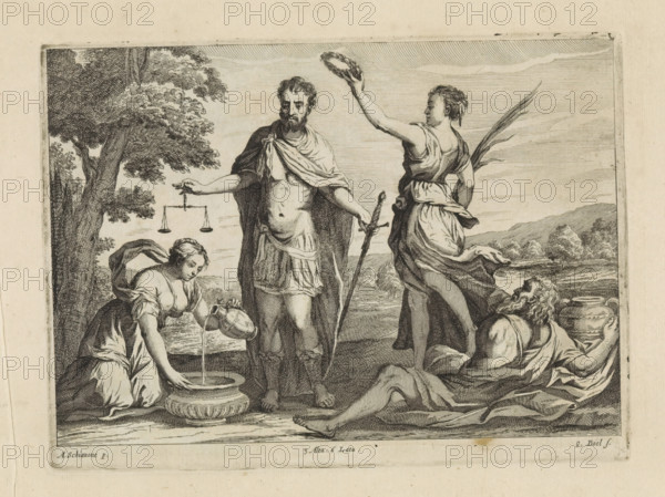 Man with sword and scales, possibly Scipio Africanus Major, print, album page. On the left, the personified temperance pours water from a jug into a bowl. The personified victory crowns the Roman soldier in the center, possibly Scipio Africanus Major. In the foreground lies a river god. In the background, a hilly landscape. This print is part of an album., printmaker: Quirin Boel, Southern Netherlands, after painting by Schiavone, Italy, publisher: David Teniers (II), Brussels, grantor of privilege: Spanish Crown, 1660, paper, etching, height 167 mm x width 227 mm, The print was produced after the painting by Schiavone which is in the collection of the Kunsthistorisches Museum in Vienna (inventory number GG_1558). David Teniers probably produced an oil study on canvas or panel (so-called pasticcio) of all the paintings in the collection of Leopold William of Austria, which served as models for the printmakers. It is not always clear whether the pasticci were made by him or by his studi...