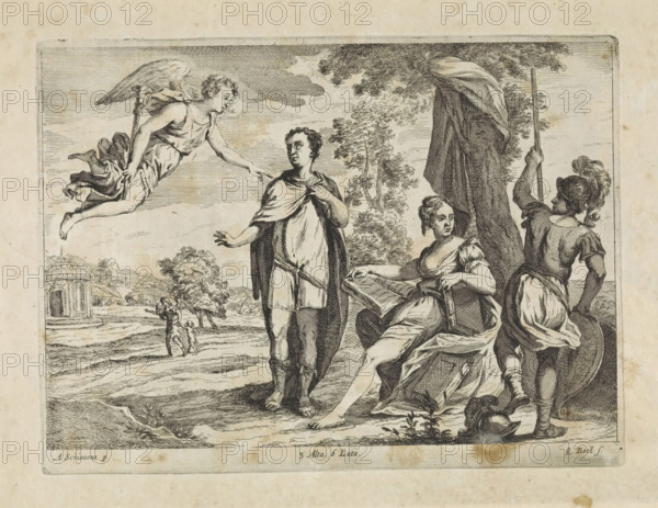Aeneas is called away from Dido, print, album page, Dido sits among some books under a tree. Next to her stands a soldier. In front of her Aeneas, who is being called away by a winged figure. In the background a round building in a landscape. This print is part of an album., printmaker: Quirin Boel, Southern Netherlands, after painting by Schiavone, Italy, publisher: David Teniers (II), Brussels, grantor of privilege: Spanish crown, 1660, paper, etching, height 166 mm x width 222 mm, The print was produced after the painting by Schiavone which is in the collection of the Kunsthistorisches Museum in Vienna (inventory number GG_5816). David Teniers likely produced an oil study on canvas or panel (known as a pasticcio) of every painting in the collection of Leopold William of Austria, which served as models for the printmakers. It is not always clear whether the pasticci were made by him or by his studio. Not all pasticci have survived. Mercury summons Aeneas, engaged in building activiti...