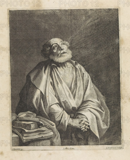 St. Peter in prayer, print, album page, Next to him books on a table. This print is part of an album., printmaker: Lucas Vorsterman (II), Antwerp, after painting by David Teniers (II), Southern Netherlands, after painting by Jusepe de Ribera, Italy, Brussels, grantor of privilege: Spanish crown, 1660, paper, etching, height 212 mm x width 168 mm, The print was produced after the painting from the De Ribera workshop that is in the collection of the Kunsthistorisches Museum in Vienna (inventory number GG_345). The painted copy by Teniers is located in the collection of the Uffizi in Florence (inventory number 1890, 1027). David Teniers probably produced an oil study on canvas or panel (so-called pasticcio) of all the paintings in the collection of Leopold William of Austria, which served as models for the printmakers. It is not always clear whether the pasticci were made by him or by his studio. Not all pasticci have survived., one person praying, the apostle Peter, first bishop of Rome,...