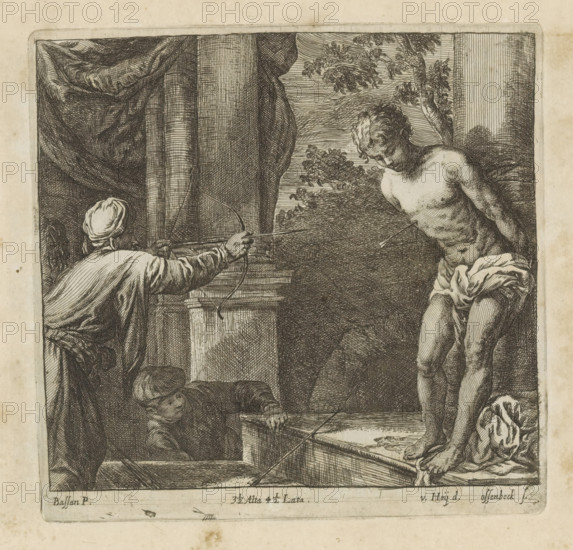 Martyrdom of St. Sebastian, print, album page, St. Sebastian stands tied to a pillar. He is being shot with arrows. A boy looks on. This print is part of an album., printmaker: Jan van Ossenbeeck, after drawing by Nikolaas van Hoy, Vienna, after painting by Jacopo Bassano, Italy, publisher: David Teniers (II), Brussels, grantor of privilege: Spanish crown, 1660, Lower Austria, paper, etching, height 176 mm x width 182 mm, David Teniers probably produced an oil study on canvas or panel (so-called pasticcio) of all the paintings in the collection of Leopold William of Austria, which served as models for the printmakers. It is not always clear whether the pasticci were made by him or by his studio. Not all pasticci have survived. David Teniers probably produced an oil study on canvas or panel (so-called pasticcio) of every painting in the collection of Leopold William of Austria, which served as models for the printmakers. It is not always clear whether the pasticci were made by him or by...
