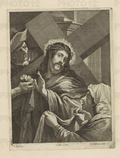 The Carrying of the Cross by Christ with Veronica, print, album page, On the left possibly Simon of Cyrene, who wants to take over the cross from Christ. Veronica gives him a cloth to wipe the sweat from his face. This print is part of an album., printmaker: Lucas Vorsterman (II), Antwerp, after painting by Jacopo Bassano, Italy, publisher: David Teniers (II), Brussels, grantor of privilege: Spanish Crown, 1660, paper, etching, height 231 mm x width 173 mm, David Teniers probably produced an oil study on canvas or panel (so-called pasticcio) of all the paintings in the collection of Leopold William of Austria, which served as a model for the printmakers. It is not always clear whether the pasticci were made by him or by his studio. Not all pasticci have survived., Christ meets Veronica, who has a cloth to wipe Christ's face, A detailed black and white engraving shows a bearded man wearing a crown of thorns and a halo, turned slightly to one side with a somber expression, draped in flow...