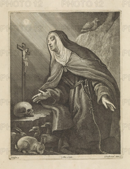 St. Juliana of Falconieri in ecstasy, print, album page, St. Juliana of Falconieri in ecstasy before a crucifix and skull. Before her two hares and two ducks. This print is part of an album., printmaker: Lucas Vorsterman (II), Antwerp, after painting by Jacopo Bassano, Italy, after painting by Leandro Bassano, publisher: David Teniers (II), Brussels, grantor of privilege: Spanish Crown, 1660, paper, etching, height 220 mm x width 170 mm, The print was produced after the painting by Bassano which is in the collection of the Kunsthistorisches Museum in Vienna (inventory number GG_43). According to the KHM, St. Clare is depicted. David Teniers probably produced an oil study on canvas or panel (so-called pasticcio) of all the paintings in the collection of Leopold William of Austria, which served as a model for the printmakers. It is not always clear whether the pasticci were made by him or by his workshop. Not all pasticci have survived., female saints, A robed woman wearing a head coveri...