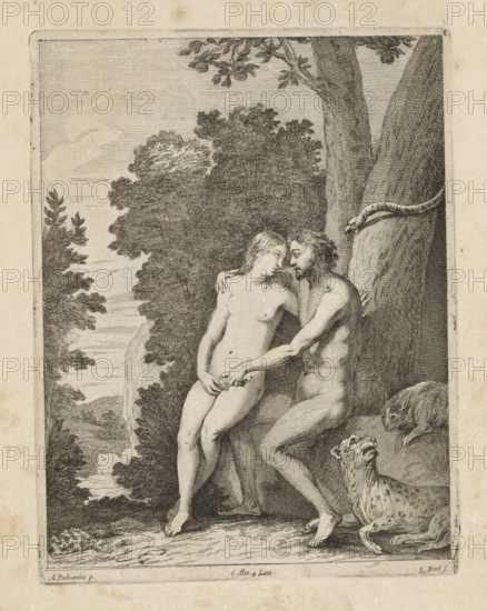 Temptation of Adam and Eve, print, album page, Adam embraces Eve and takes the apple. The serpent looks on from the tree. This print is part of an album., printmaker: Quirin Boel, Southern Netherlands, after painting by Padovanino, Italy, publisher: David Teniers (II), Brussels, grantor of privilege: Spanish Crown, 1660, paper, etching, height 222 mm x width 169 mm, David Teniers probably produced an oil study on canvas or panel (so-called pasticcio) of all the paintings in the collection of Leopold William of Austria, which served as a model for the printmakers. It is not always clear whether the pasticci were made by him or by his studio. Not all pasticci have been handed down., Eve offers the fruit to Adam, A black and white etched scene shows two nude human figures seated closely together near the base of a large tree, one figure with longer hair leaning toward the other while the other figure places an arm around them and reaches toward their hand; behind them dense foliage and tr...