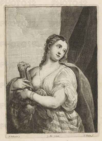 Judid with the Head of Holofernes, print, album page, In her hands also the sword with which she beheaded Holofernes. This print is part of an album., printmaker: Jan van Troyen, Southern Netherlands (possibly), after painting by Padovanino, Italy, publisher: David Teniers (II), Brussels, grantor of privilege: Spanish Crown, 1660, paper, etching, engraving, etching and engraving, height 236 mm x width 166 mm, Print after the painting by Varotari in the collection of the Kunsthistorisches Museum in Vienna (inventory number: GG_80). David Teniers probably produced an oil study on canvas or panel (so-called pasticcio) of every painting in the collection of Leopold William of Austria, which served as models for the printmakers. It is not always clear whether the pasticci were made by him or by his studio. Not all pasticci have survived., Judith and Holofernes (Judith 8-16), A monochrome etching of a woman shown from the waist up, turned slightly to one side with her head tilted and eyes lo...