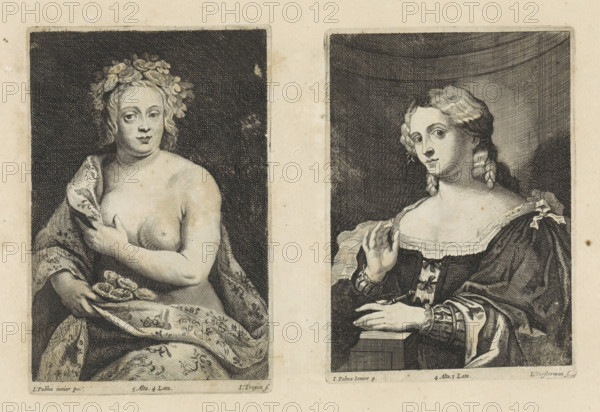 Portrait of an unknown woman with a fan, print, album page, This print is part of an album., printmaker: Lucas Vorsterman (II), Antwerp, after painting by David Teniers (II), Southern Netherlands, after painting by Jacopo Palma (il Vecchio), Italy, Brussels, grantor of privilege: Spanish crown, 1660, paper, etching, height 163 mm x width 116 mm, The print was produced after the painting by Palma which is in the collection of the Kunsthistorisches Museum in Vienna (inventory number GG_63). David Teniers likely produced an oil study on canvas or panel (a so-called pasticcio) of every painting in the collection of Leopold William of Austria, which served as models for the printmakers. It is not always clear whether the pasticci were made by him or by his studio. Not all pasticci have survived., fan, anonymous historical person portrayed alone - BB - woman, Two engraved rectangular portraits appear side by side on aged paper separated by a vertical blank margin. The left portrait shows a p...