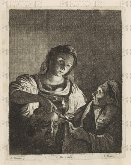 Judid with the Head of Holofernes, print, album page, Next to Judith stands the maid about to put the head in a sack. This print is part of an album., printmaker: Jan van Troyen, Southern Netherlands (possibly), after painting by Carlo Saraceni, Venice, publisher: David Teniers (II), Brussels, grantor of privilege: Spanish Crown, 1660, paper, etching, engraving, etching and engraving, height 223 mm x width 173 mm, Print after a painting by Saraceni located in the collection of the Kunsthistorisches Museum in Vienna (inventory number: GG_41). David Teniers probably produced an oil study on canvas or panel (so-called pasticcio) of every painting in the collection of Leopold William of Austria, which served as models for the printmakers. It is not always clear whether the pasticci were made by him or by his studio. Not all pasticci have survived., Judith and Holofernes (Judith 8-16), A monochrome etching shows three human figures clustered closely together against a textured dark backgrou...