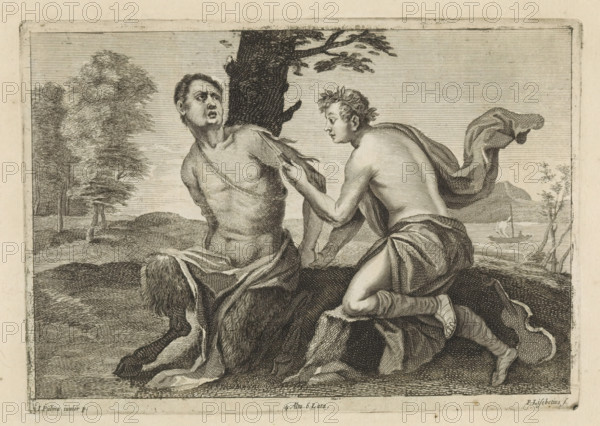 Apollo flays Marsyas, print, album page, After the music contest, Apollo tied Marsyas to a tree and flayed him as punishment. This print is part of an album., printmaker: Peter van Liesebetten, Antwerp, after painting by Jacopo Palma (il Giovane), Italy, publisher: David Teniers (II), Brussels, grantor of privilege: Spanish crown, 1660, paper, etching, engraving, etching and engraving, height 163 mm x width 232 mm, David Teniers probably produced an oil study on canvas or panel (so-called pasticcio) of all the paintings in the collection of Leopold William of Austria, which served as a model for the printmakers. It is not always clear whether the pasticci were made by him or by his studio. Not all pasticci have survived., punishment of Marsyas: he is flayed by Apollo, A monochrome etching shows two partially draped male figures positioned outdoors near a tree trunk; one figure faces forward with a distressed expression and exposed muscular torso, while the other kneels beside him leani...