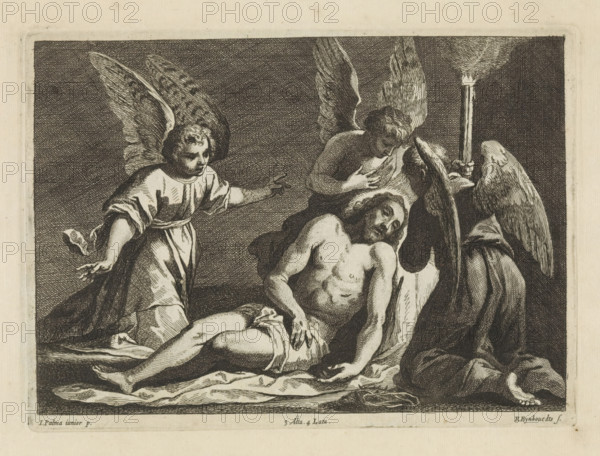 Lamentation of Christ by three angels, print, album page, One angel supports Christ's body and another carries a burning torch. This print is part of an album., printmaker: Remoldus Eynhoudts, Antwerp, after painting by David Teniers (II), Southern Netherlands, after painting by Jacopo Palma (il Giovane), Italy, publisher: David Teniers (II), Brussels, grantor of privilege: Spanish Crown, 1660, Remoldus Eynhoudts, David Teniers (II), Jacopo Palma (il Giovane), Spanish Crown, printmaker, after painting by, publisher, grantor of privilege, paper, etching, engraving, etching and engraving, height 166 mm x width 226 mm, David Teniers probably produced an oil study on canvas or panel (so-called pasticcio) of all the paintings in the collection of Leopold William of Austria, which served as a model for the printmakers. It is not always clear whether the pasticci were made by him or by his studio. Not all pasticci have survived., Christ lamented by angels, A monochrome engraving shows a recli...