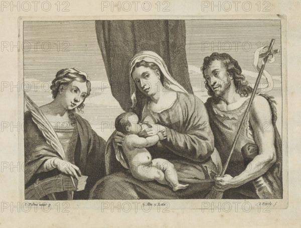 Mary with the Christ Child, St. Catherine of Alexandria and St. John the Baptist, print, album page, Mary nursing the Christ Child (Mary lactans). This print is part of an album., printmaker: Johannes Popels, Antwerp, after painting by Jacopo Palma (il Giovane), Italy, publisher: David Teniers (II), Brussels, grantor of privilege: Spanish crown, 1660, paper, etching, height 165 mm x width 232 mm, David Teniers probably produced an oil study on canvas or panel (so-called pasticcio) of all the paintings in the collection of Leopold William of Austria, which served as models for the printmakers. It is not always clear whether the pasticci were made by him or by his studio. Not all pasticci have survived., the virgin martyr Catherine of Alexandria, possible attributes: book, crown, emperor Maxentius, palm-branch, ring, sword, wheel, John the Baptist, reed cross, baptismal cup, honeycomb, lamb, staff, Christ-child suckling, or beginning to suckle, eg Mary uncovering her breast, Madonna-repr...