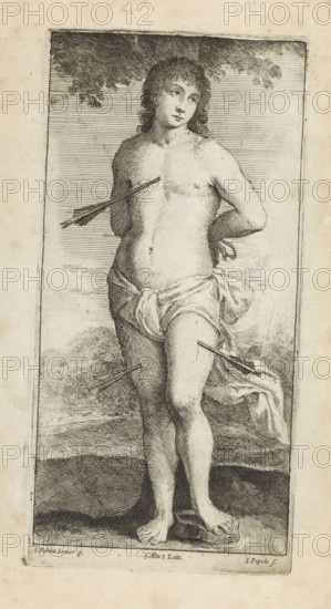 Martyrdom of St. Sebastian, print, album page, St. Sebastian stands tied to a tree. His body is pierced with arrows. This print is part of an album., printmaker: Johannes Popels, Antwerp, after painting by Jacopo Palma (il Vecchio), Italy, publisher: David Teniers (II), Brussels, grantor of privilege: Spanish Crown, 1660, paper, etching, height 230 mm x width 113 mm, The print was produced after the painting by Palma (and studio) which is in the collection of the Kunsthistorisches Museum in Vienna (inventory number GG_2655). David Teniers probably produced an oil study on canvas or panel (so-called pasticcio) of every painting in the collection of Leopold William of Austria, which served as models for the printmakers. It is not always clear whether the pasticci were made by him or by his studio. Not all pasticci have survived., St. Sebastian, tied to a tree or a pillar, is pierced by arrows, A monochrome engraved image of a barefoot, partially draped young person standing within a rect...