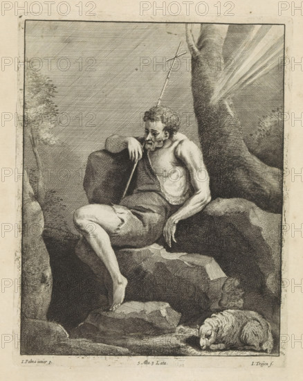 St. John the Baptist on a rock, print, album page, In his hand the reed cross. Beside him the lamb. This print is part of an album., printmaker: Jan van Troyen, Southern Netherlands (possibly), after painting by David Teniers (II), after painting by Jacopo Palma (il Giovane), Italy, Brussels, grantor of privilege: Spanish crown, 1660, paper, etching, engraving, etching and engraving, height 223 mm x width 173 mm, David Teniers probably produced an oil study on canvas or panel (so-called pasticcio) of all the paintings in the collection of Leopold William of Austria, which served as models for the printmakers. It is not always clear whether the pasticci were made by him or by his studio. Not all pasticci have been preserved., John the Baptist, possible attributes: book, reed cross, baptismal cup, honeycomb, lamb, staff, A monochrome etching shows a seated bearded man leaning against a large tree trunk while resting on rock formations, his torso partially draped with a rough cloth and on...