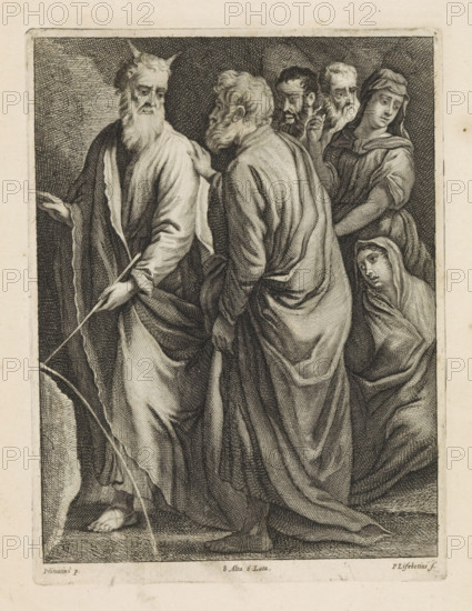 Moses strikes water from the rock, print, album page, Moses strikes water from a rock with his staff. Several Israelites look on. This print is part of an album., printmaker: Peter van Liesebetten, Antwerp, after painting by Francesco Primaticcio, Italy, publisher: David Teniers (II), Brussels, grantor of privilege: Spanish Crown, 1660, paper, etching, engraving, etching and engraving, height 239 mm x width 178 mm, David Teniers probably produced an oil study on canvas or panel (so-called pasticcio) of all the paintings in the collection of Leopold William of Austria, which served as a model for the printmakers. It is not always clear whether the pasticci were made by him or by his workshop. Not all pasticci have survived. Moses strikes the rock twice in front of the assembled people and water gushs out, the people quench their thirst., A detailed black and white engraving shows a group of robed figures standing closely together, with flowing drapery and finely hatched shading. An olde...