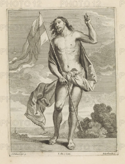 Risen Christ, print, album page, Christ stands with a banner in his hand and looks upwards. With his left hand he makes a blessing gesture. In the background a landscape. This print is part of an album., printmaker: Remoldus Eynhoudts, Antwerp, after painting by Jacopo Palma (il Vecchio), Italy, publisher: David Teniers (II), Brussels, grantor of privilege: Spanish crown, 1660, paper, etching, engraving, etching and engraving, height 226 mm x width 168 mm, David Teniers probably produced an oil study on canvas or panel (so-called pasticcio) of all the paintings in the collection of Leopold William of Austria, which served as models for the printmakers. It is not always clear whether the pasticci were made by him or by his studio. Not all pasticci have survived., landscapes in the temperate zone, the risen Christ (with wounds, but without crown of thorns), sometimes holding the cross, A monochrome engraving of a nearly nude standing male figure seen from head to feet, with long wavy hai...