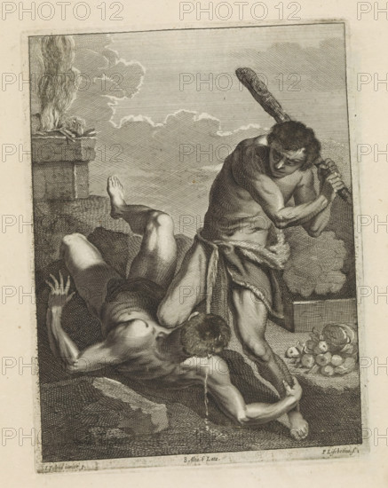 Cain beats Abel to death, print, album page, Cain attacks his brother with a club. He presses the wounded Abel to the ground. In the background Abel's sacrificed lamb and on the right Cain's offering. This print is part of an album., printmaker: Peter van Liesebetten, Antwerp, after painting by Jacopo Palma (il Giovane), Italy, publisher: David Teniers (II), Brussels, grantor of privilege: Spanish crown, 1660, paper, etching, engraving, etching and engraving, height 225 mm x width 169 mm, David Teniers probably produced an oil study on canvas or panel (so-called pasticcio) of all the paintings in the collection of Leopold William of Austria, which served as a model for the printmakers. It is not always clear whether the pasticci were made by him or by his studio. Not all pasticci have survived., the killing of Abel: Cain slays him with a stone, a club or a jaw-bone, alternatively with a spade or another tool as weapon, A monochrome engraved scene shows two partially clothed male figure...