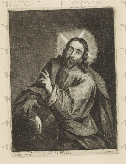 Christ as Salvator Mundi, print, album page, Christ as Savior of the World. His right hand rests on a globe. With his left hand he makes a blessing gesture. This print is part of an album., printmaker: Jan van Troyen, Southern Netherlands (possibly), after painting by David Teniers (II), after painting by Jacopo Palma (il Giovane), Italy, Brussels, grantor of privilege: Spanish crown, 1660, paper, etching, height 235 mm x width 171 mm, David Teniers probably produced an oil study on canvas or panel (so-called pasticcio) of all the paintings in the collection of Leopold William of Austria, which served as models for the printmakers. It is not always clear whether the pasticci were made by him or by his studio. Not all pasticci have survived., 'Salvator Mundi', making a blessing gesture, an orb in his hand or at his feet, A detailed black and white engraving of a bearded man with long wavy hair and a radiant halo behind his head, wearing flowing draped robes; his right hand is raised wit...