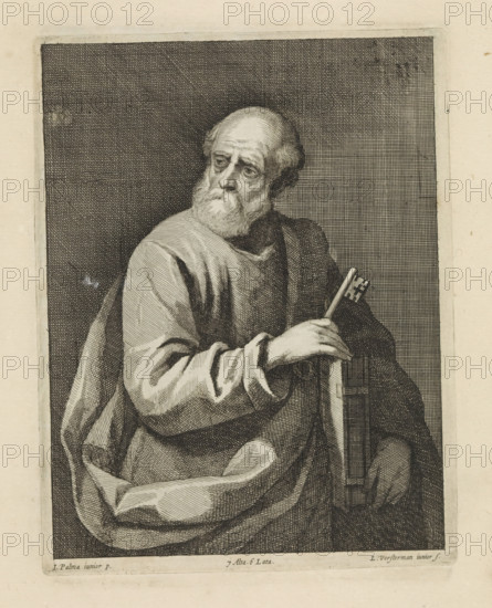 St. Peter, print, album page, The apostle Peter holds a book and a key. This print is part of an album., printmaker: Lucas Vorsterman (II), Antwerp, after painting by David Teniers (II), Southern Netherlands, after painting by Jacopo Palma (il Giovane), Italy, Brussels, grantor of privilege: Spanish crown, 1660, paper, etching, height 226 mm x width 175 mm, David Teniers probably produced an oil study on canvas or panel (so-called pasticcio) of all the paintings in the collection of Leopold William of Austria, which served as a model for the printmakers. It is not always clear whether the pasticci were made by him or by his workshop. Not all pasticci have survived., the apostle Peter, first bishop of Rome, possible attributes: book, cock, (upturned) cross, (triple) crozier, fish, key, scroll, ship, tiara, An engraved portrait of an elderly man from the waist up, shown seated and turned slightly to his side, with a bald forehead, thinning hair at the temples, and a full beard; he wears ...