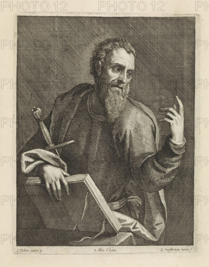 H. Paulus, print, album page, The Apostle Paul with an open book and a sword. This print is part of an album., printmaker: Lucas Vorsterman (II), Antwerp, after painting by David Teniers (II), Southern Netherlands, after painting by Jacopo Palma (il Giovane), Italy, Brussels, grantor of privilege: Spanish Crown, 1660, paper, etching, height 228 mm x width 175 mm, David Teniers probably produced an oil study on canvas or panel (so-called pasticcio) of all the paintings in the collection of Leopold William of Austria, which served as a model for the printmakers. It is not always clear whether the pasticci were made by him or by his workshop. Not all pasticci have survived., the apostle Paul of Tarsus, possible attributes: book, scroll, sword, A monochrome engraved portrait of a bearded man shown from the waist up, turned slightly to his left, wearing draped robes and a visible belt; his right hand rests on the handle of a large sword or cross-like object while his left hand is raised wit...