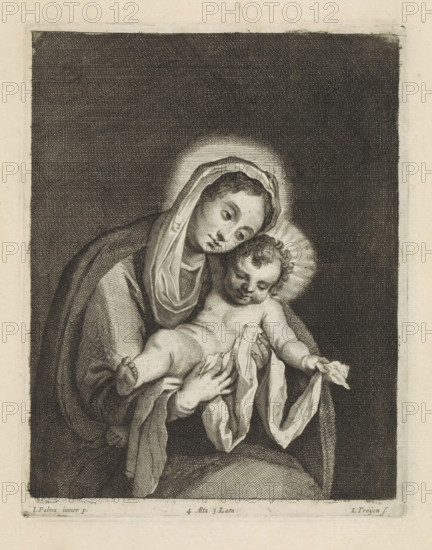 Mary with the Christ Child, print, album page, This print is part of an album., printmaker: Jan van Troyen, Southern Netherlands (possibly), after painting by Jacopo Palma (il Giovane), Italy, publisher: David Teniers (II), Brussels, grantor of privilege: Spanish crown, 1660, paper, etching, engraving, etching and engraving, height 225 mm x width 175 mm, David Teniers probably produced an oil study on canvas or panel (so-called pasticcio) of all the paintings in the collection of Leopold William of Austria, which served as a model for the printmakers. It is not always clear whether the pasticci were made by him or by his studio. Not all pasticci have survived., Madonna: Mary sitting or enthroned, the Christ-child in her lap (or in front of her bosom) (Mary sometimes represented half-length), A monochrome engraving showing a seated woman with a draped head covering holding an infant; the woman’s face is tilted toward the child and framed by a radiant halo, and she wears layered robes wi...