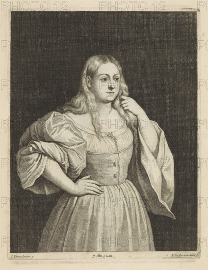 Portrait of an unknown young woman, print, album page, Possibly Venetian. She is holding her hair with her left hand. This print is part of an album., printmaker: Lucas Vorsterman (II), Antwerp, after painting by David Teniers (II), Southern Netherlands, after painting by Jacopo Palma (il Vecchio), Italy, Brussels, grantor of privilege: Spanish crown, 1660, paper, etching, height 224 mm x width 173 mm, David Teniers probably produced an oil study on canvas or panel (so-called pasticcio) of all the paintings in the collection of Leopold William of Austria, which served as a model for the printmakers. It is not always clear whether the pasticci were made by him or by his studio. Not all pasticci have survived., anonymous historical person portrayed - BB - woman, A monochrome engraved image of a young woman shown from the hips up against a dark textured rectangular background, with long wavy hair falling over her shoulders, a dress with a fitted bodice and buttons, wide gathered sleeves, ...