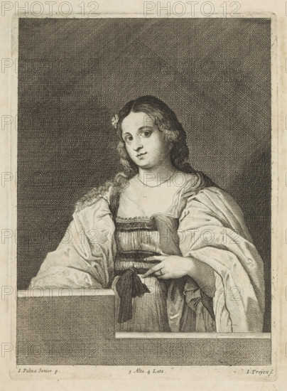 Portrait of an unknown woman, print, album page, She stands behind a low wall. This print is part of an album., printmaker: Jan van Troyen, Southern Netherlands (possibly), after painting by Jacopo Palma (il Vecchio), Italy, after painting by Giovanni Cariani (possibly), publisher: David Teniers (II), Brussels, grantor of privilege: Spanish Crown, 1660, paper, etching, engraving, etching and engraving, height 230 mm x width 167 mm, The print was produced after the painting possibly by Cariani which is in the collection of the Szépmuvészeti Múzeum in Budapest (inventory number 84). David Teniers likely produced an oil study on canvas or panel (known as a pasticcio) of every painting in the collection of Leopold William of Austria, which served as models for the printmakers. It is not always clear whether the pasticci were made by him or by his studio. Not all pasticci have survived., A monochrome engraved portrait of a seated young woman shown from the waist up against a densely crossha...