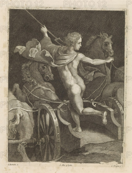 Pluto in his chariot, print, album page, Pluto stands in his chariot, which is drawn by four horses. This print is part of an album., printmaker: Jan van Troyen, Southern Netherlands (possibly), after painting by Giulio Romano, Italy, publisher: David Teniers (II), Brussels, grantor of privilege: Spanish crown, 1660, paper, etching, engraving, etching and engraving, height 223 mm x width 169 mm, Print after a painting from the workshop of Giulio Romano that is in the collection of the Kunsthistorisches Museum in Vienna (inventory number: GG_157). David Teniers probably produced an oil study on canvas or panel (so-called pasticcio) of every painting in the collection of Leopold William of Austria, which served as models for the printmakers. It is not always clear whether the pasticci were made by him or by his studio. Not all pasticci have survived., (story of) Pluto (Hades), Dis Pater, Orcus, ancient forms of military vehicles: chariot, battle wagon, A detailed black and white engravin...