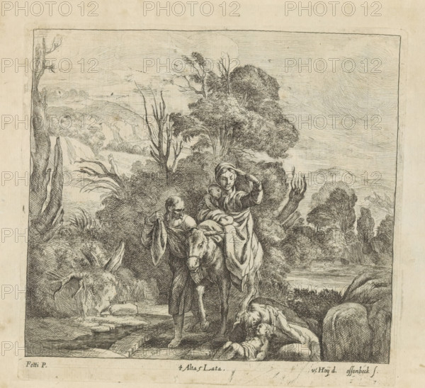 Flight into Egypt, print, album page, Joseph leads the donkey with Mary and the Christ Child through a wooded landscape. In the foreground, a woman with child. This print is part of an album., printmaker: Jan van Ossenbeeck, after drawing by Nikolaas van Hoy, Vienna, after painting by Domenico Feti, Italy, publisher: David Teniers (II), Brussels, grantor of privilege: Spanish Crown, 1660, Lower Austria, paper, etching, height 176 mm x width 184 mm, The print was produced after the painting by Fetti which is in the collection of the Kunsthistorisches Museum in Vienna (inventory number GG_155). David Teniers likely produced an oil study on canvas or panel (known as a pasticcio) of every painting in the collection of Leopold William of Austria, which served as models for the printmakers. It is not always clear whether the pasticci were made by him or by his studio. Not all pasticci have survived., the flight into Egypt: Mary, Joseph, the child (and sometimes others) on their way, Mary usu...
