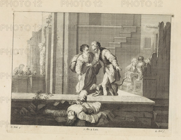 Tobias shows Tobit the murdered Israelite, print, album page, Tobias has taken his father Tobit away from the feast to show him the body of a strangled Israelite lying outside. This print is part of an album., printmaker: Quirin Boel, Southern Netherlands, after painting by David Teniers (II), after painting by Domenico Feti, Italy, Brussels, grantor of privilege: Spanish crown, 1660, paper, etching, height 180 mm x width 239 mm, David Teniers probably produced an oil study on canvas or panel (so-called pasticcio) of all the paintings in the collection of Leopold William of Austria, which served as models for the printmakers. It is not always clear whether the pasticci were made by him or by his studio. Not all pasticci have survived., Tobias tells Tobit of a dead man in the street, A monochrome engraving shows a scene on a raised platform in an architectural courtyard with columns and a flight of stepped ledges in the background. Two standing men in period clothing lean toward each ot...