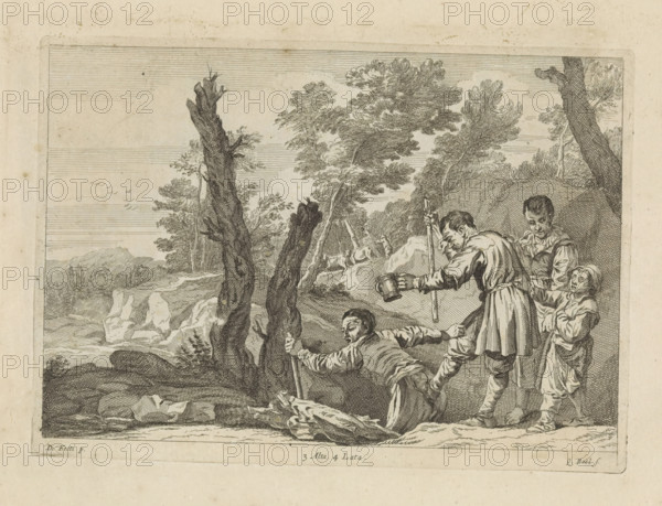 The blind leading the blind, print, album page, Parable of the Blind. A line of blind beggars walks towards a ditch or river. The one in front falls in, after which the rest will follow. This print is part of an album., printmaker: Quirin Boel, Southern Netherlands, after painting by Domenico Feti, Italy, publisher: David Teniers (II), Brussels, grantor of privilege: Spanish Crown, 1660, paper, etching, height 165 mm x width 231 mm, The print was produced after the painting by Fetti which is in the collection of the Barber Institute of Fine Arts in Birmingham (inventory number 49.13). David Teniers probably produced an oil study on canvas or panel (so-called pasticcio) of every painting in the collection of Leopold William of Austria, which served as models for the printmakers. It is not always clear whether the pasticci were made by him or by his studio. Not all pasticci have survived., the blind leading the blind (Matthew 15:14), A black and white etched scene shows a rocky landscape...