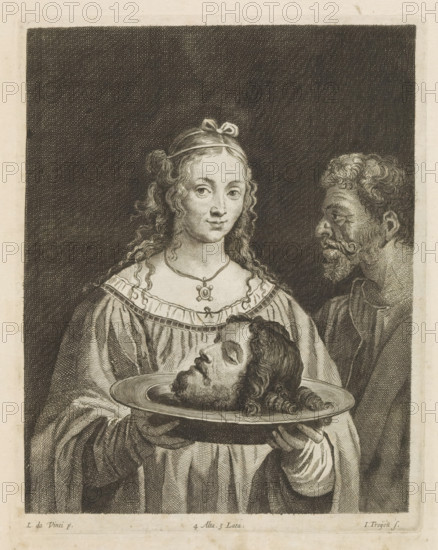 Salome with the head of John the Baptist, print, album page. She displays the head on a platter. Next to her is an old man, possibly Herod. This print is part of an album., printmaker: Jan van Troyen, Southern Netherlands (possibly), after painting by David Teniers (II), after painting by Leonardo da Vinci, Italy, after painting by Bernardino Luini, Brussels, grantor of privilege: Spanish Crown, 1660, paper, etching, engraving, etching and engraving, height 219 mm x width 173 mm, Print after the painting by Bernardo Luini which is in the collection of the Kunsthistorisches Museum in Vienna (inventory number: GG_190). The painted copy by Teniers is in the collection of the Princess Royal. David Teniers probably produced an oil study on canvas or panel (so-called pasticcio) of every painting in the collection of Leopold William of Austria, which served as models for the printmakers. It is not always clear whether the pasticci were made by him or by his studio. Not all pasticci have survi...