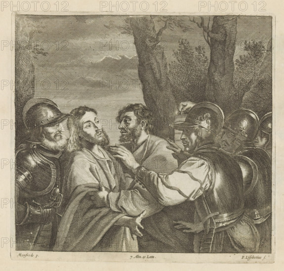 The Capture of Christ, print, album page, Judas embraces Christ to make it clear to the soldiers that they must arrest him. This print is part of an album., printmaker: Peter van Liesebetten, Antwerp, after painting by Bartolomeo Manfredi, Italy, publisher: David Teniers (II), Brussels, grantor of privilege: Spanish Crown, 1660, paper, etching, height 196 mm x width 207 mm, David Teniers probably produced an oil study on canvas or panel (so-called pasticcio) of all the paintings in the collection of Leopold William of Austria, which served as a model for the printmakers. It is not always clear whether the pasticci were made by him or by his workshop. Not all pasticci have survived., the kiss of Judas: accompanied by soldiers with torches and lanterns, he kisses Christ, A detailed black and white engraving shows a group of men closely gathered, some wearing helmets and armor and others in draped robes, with one central bearded man looking upward while another leans toward him with a han...