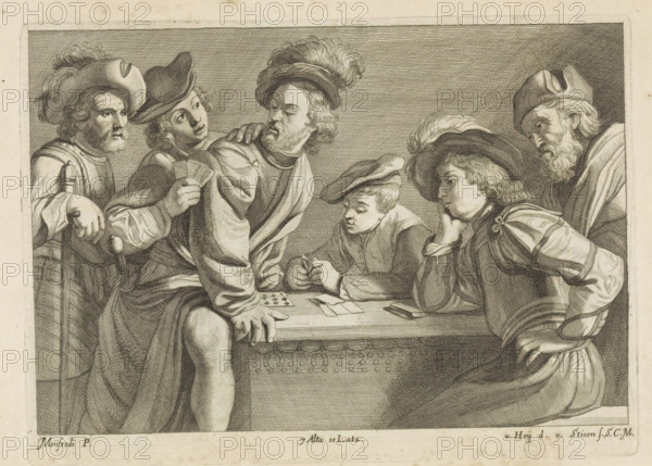Card players, print, album page, Six card players around a table. This print is part of an album., printmaker: Frans van der Steen, Vienna, after drawing by Nikolaas van Hoy, after painting by Bartolomeo Manfredi, Italy, publisher: David Teniers (II), Brussels, grantor of privilege: Spanish crown, 1660, Lower Austria, paper, etching, height 173 mm x width 237 mm, David Teniers probably produced an oil study on canvas or panel (so-called pasticcio) of all the paintings in the collection of Leopold William of Austria, which served as a model for the printmakers. It is not always clear whether the pasticci were made by him or by his studio. Not all pasticci have survived., playing-cards (sportsman, player, etc.), A monochrome engraving shows a group of people gathered around a table, all wearing period clothing and hats with various plumes and brims; one figure leans on the table with a hand resting on its edge while holding a small fan, another figure beside him places a hand on his shou...