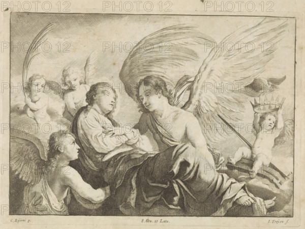 Ascension of St. Catherine of Alexandria, print, album page, The body of St. Catherine is supported by angels. On the left, an angel with the martyr's palm. On the right, an angel on the wheel, with sword and crown. This print is part of an album., printmaker: Jan van Troyen, Southern Netherlands (possibly), after painting by David Teniers (II), Southern Netherlands, after painting by Giovanni Baglione, Italy, publisher: David Teniers (II), Brussels, grantor of privilege: Spanish crown, 1660, Jan van Troyen, David Teniers (II), Giovanni Baglione, Spanish crown, printmaker, after painting by, publisher, grantor of privilege, paper, etching, engraving, etching and engraving, height 167 mm x width 231 mm, David Teniers probably produced an oil study on canvas or panel (so-called pasticcio) of all the paintings in the collection of Leopold William of Austria, which served as a model for the printmakers. It is not always clear whether the pasticci were made by him or by his studio. Not all ...