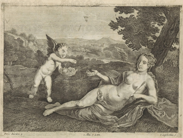 Amor brings Venus a basket of flowers, print, album page, Venus lies under a tree in a rolling landscape. Venus has an arrow in her hand. This print is part of an album., printmaker: Peter van Liesebetten, Antwerp, after painting by Paris Bordone, Italy, publisher: David Teniers (II), Brussels, grantor of privilege: Spanish crown, 1660, paper, etching, engraving, etching and engraving, height 173 mm x width 233 mm, The print was possibly produced after the painting by Bordone which is in the collection of the National Museum in Warsaw. David Teniers probably produced an oil study on canvas or panel (so-called pasticcio) of every painting in the collection of Leopold William of Austria, which served as models for the printmakers. It is not always clear whether the pasticci were made by him or by his studio. Not all pasticci have survived., Venus and Cupid (Cupid not being mere attribute), (high) hill, A reclining nude woman rests against a tree, her body turned slightly with one arm ext...