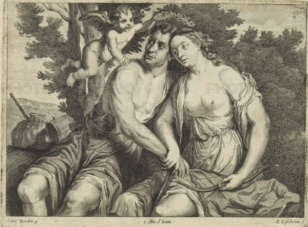 Venus and Adonis, print, album page, Venus and her beloved Adonis caress each other. They are crowned by Cupid. Venus holds Adonis's bow and arrow. This print is part of an album., printmaker: Peter van Liesebetten, Antwerp, after painting by Paris Bordone, Italy, publisher: David Teniers (II), Brussels, grantor of privilege: Spanish crown, 1660, Peter van Liesebetten, Paris Bordone, David Teniers (II), Spanish crown, printmaker, after painting by, publisher, grantor of privilege, paper, etching, engraving, etching and engraving, height 172 mm x width 230 mm, The print was produced after the painting by Bordone which is in the collection of the Kunsthistorisches Museum in Vienna (inventory number GG_17). David Teniers probably produced an oil study on canvas or panel (so-called pasticcio) of every painting in the collection of Leopold William of Austria, which served as models for the printmakers. It is not always clear whether the pasticci were made by him or by his studio. Not all pa...