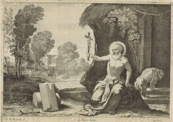 St. Jerome, print, album page, St. Jerome sits on a stone and holds up a crucifix. In front of him a broken column and a bone. Behind him the lion enters the building. In the background people in front of a church. This print is part of an album., printmaker: Quirin Boel, Southern Netherlands, after painting by Dosso Dossi, Italy, publisher: David Teniers (II), Brussels, grantor of privilege: Spanish crown, 1660, paper, etching, height 167 mm x width 231 mm, The print was produced after the painting by Dossi which is in the collection of the Kunsthistorisches Museum in Vienna (inventory number GG_263). David Teniers likely produced an oil study on canvas or panel (so-called pasticcio) of every painting in the collection of Leopold William of Austria, which served as models for the printmakers. It is not always clear whether the pasticci were made by him or by his studio. Not all pasticci have survived., the monk and hermit Jerome (Hieronymus), possible attributes: book, cardinal's hat,...