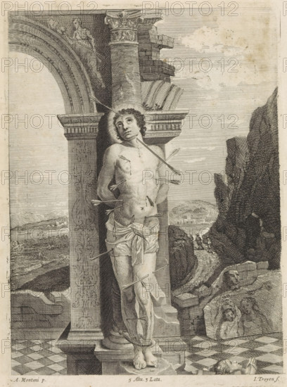 Martyrdom of St. Sebastian, print, album page, Saint Sebastian is tied to the pillar of a dilapidated bow. His body is pierced with arrows. In the background, a mountainous landscape. This print is part of an album., printmaker: Jan van Troyen, Southern Netherlands (possibly), after painting by David Teniers (II), after painting by Andrea Mantegna, Italy, Brussels, grantor of privilege: Spanish Crown, 1660, paper, etching, engraving, etching and engraving, height 230 mm x width 166 mm, Print after the painting by Mantegna which is in the collection of the Kunsthistorisches Museum (inventory number: GG_301). The painted copy by Teniers is located in the Princes Gate Collection. David Teniers probably produced an oil study on canvas or panel (so-called pasticcio) of all the paintings in the collection of Leopold William of Austria, which served as a model for the printmakers. It is not always clear whether the pasticci were made by him or by his workshop. Not all pasticci have survived. ...