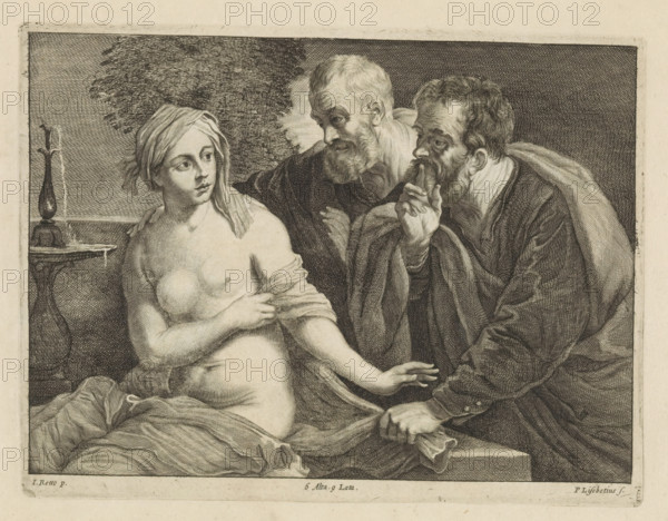Susanna and the Elders, print, album page, Susanna bathes in the garden. Two elders try to seduce her. This print is part of an album., printmaker: Peter van Liesebetten, Antwerp, after painting by David Teniers (II), Southern Netherlands, after painting by Guido Reni, Italy, Brussels, grantor of privilege: Spanish Crown, 1660, paper, etching, engraving, etching and engraving, height 181 mm x width 237 mm, The print was produced after the painting by Reni which is in the collection of The National Gallery in London (inventory number NG 196). David Teniers probably produced an oil study on canvas or panel (so-called pasticcio) of every painting in the collection of Leopold William of Austria, which served as models for the printmakers. It is not always clear whether the pasticci were made by him or by his studio. Not all pasticci have survived., the elders making advances towards Susanna, A detailed black and white engraving shows a partially draped young woman seated with a cloth acros...