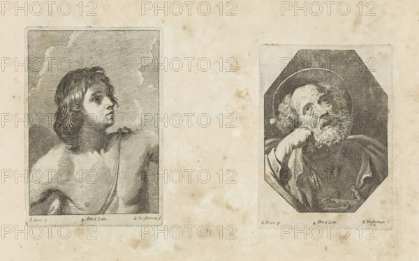 Penitent Peter, print, album page, Bust of St. Peter with a hand under his head. In an octagonal frame. This print is part of an album., printmaker: Lucas Vorsterman (II), Antwerp, after painting by Guido Reni, Italy, publisher: David Teniers (II), Brussels, grantor of privilege: Spanish crown, 1660, paper, etching, height 113 mm x width 82 mm, The print was produced after the painting by Reni which is in the collection of the Kunsthistorisches Museum in Vienna (inventory number GG_243). David Teniers probably produced an oil study on canvas or panel (so-called pasticcio) of every painting in the collection of Leopold William of Austria, which served as models for the printmakers. It is not always clear whether the pasticci were made by him or by his studio. Not all pasticci have survived., repentance of Peter, An aged paper sheet with two engraved portrait panels separated by blank space, the left panel showing a young bare-shouldered figure with long wavy hair turned in profile towar...
