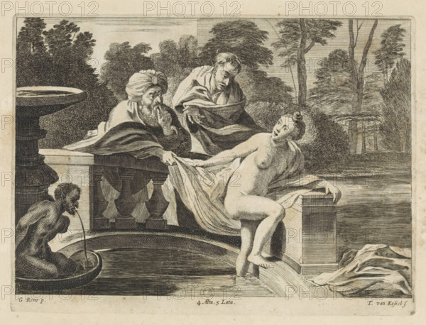 Susanna and the Elders, print, album page, Susanna bathes in a fountain in her garden. One of the elders pulls at her robe. This print is part of an album., printmaker: Theodorus van Kessel, Southern Netherlands, after painting by Guido Reni, Italy, publisher: David Teniers (II), Brussels, grantor of privilege: Spanish Crown, 1660, paper, etching, height 170 mm x width 229 mm, David Teniers probably produced an oil study on canvas or panel (so-called pasticcio) of all the paintings in the collection of Leopold William of Austria, which served as a model for the printmakers. It is not always clear whether the pasticci were made by him or by his studio. Not all pasticci have survived., the elders making advances towards Susanna, A monochrome etching showing an outdoor scene with trees and bushes in the background and a curved stone balustrade in the middle ground. A partially draped seated man wearing a turban and a bearded man beside him lean over the balustrade, one with a finger to hi...
