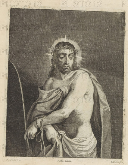 Ecce Homo, print, album page, Christ after the scourging and mockery. His hands are bound. He wears the crown of thorns and a cloak. In his hand a reed stalk as a scepter. This print is part of an album., printmaker: Jan van Troyen, Southern Netherlands (possibly), after painting by David Teniers, after painting by Padovanino, Italy, Brussels, grantor of privilege: Spanish crown, 1660, paper, etching, height 223 mm x width 173 mm, David Teniers probably produced an oil study on canvas or panel (so-called pasticcio) of all the paintings in the collection of Leopold William of Austria, which served as a model for the printmakers. It is not always clear whether the pasticci were made by him or by his studio. Not all pasticci have survived., Christ alone (also called 'Ecce Homo'), A black and white engraved image of a seated man shown from the waist up, with long wavy hair and a beard, wearing a crown of thorns and a radiating halo behind his head. He has a cloth draped over one shoulder a...