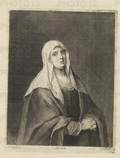 Mourning Mary (Mater Dolorosa), print, album page, Mourning Mary with folded hands. This print is part of an album., printmaker: Jan van Troyen, Southern Netherlands (possibly), after painting by David Teniers, after painting by Padovanino, Italy, Brussels, grantor of privilege: Spanish crown, 1660, paper, etching, height 223 mm x width 173 mm, David Teniers probably produced an oil study on canvas or panel (so-called pasticcio) of all the paintings in the collection of Leopold William of Austria, which served as a model for the printmakers. It is not always clear whether the pasticci were made by him or by his studio. Not all pasticci have survived., Mary weeping, A monochrome engraving of a seated woman wearing a draped head covering and layered robes, shown from the waist up. Her headscarf frames her face and falls over her shoulders, and her robes have visible folds and textured shading. She looks slightly upward with a neutral expression. Her hands are clasped together in front of...