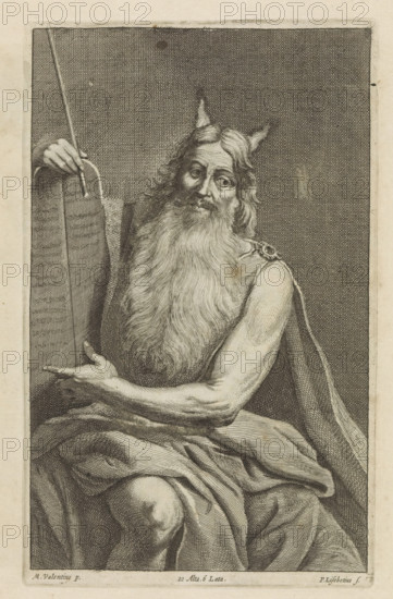 Moses with the Tablets of the Law, print, album page, This print is part of an album., printmaker: Peter van Liesebetten, Antwerp, after painting by Valentin de Boulogne, Italy, publisher: David Teniers (II), Brussels, grantor of privilege: Spanish Crown, 1660, paper, etching, height 243 mm x width 150 mm, David Teniers probably produced an oil study on canvas or panel (so-called pasticcio) of all the paintings in the collection of Leopold William of Austria, which served as a model for the printmakers. It is not always clear whether the pasticci were made by him or by his studio. Not all pasticci have been handed down., Moses (not in biblical context), possible attributes: rays of light or horns on his head, rod, Tables of the Law, A monochrome engraving shows an older bearded man seated, with long flowing hair and a full beard, wearing a draped garment over one shoulder and across his lap; he holds a tall tablet upright with one hand while the other hand gestures toward it, and a sta...