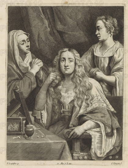 Marta rebukes Mary Magdalene, print, album page, Mary Magdalene sits at a dressing table while her hair is being done. On the left is her sister Marta, who points out her vanity and tries to bring her to her senses. This print is part of an album., printmaker: Jan van Troyen, Southern Netherlands (possibly), after painting by David Teniers (II), after painting by Giovanni Battista Lupicini, Italy, Brussels, grantor of privilege: Spanish Crown, 1660, paper, etching, engraving, etching and engraving, height 230 mm x width 170 mm, The print was produced after the painting by Lupicini which is in the collection of the Kunsthistorisches Museum in Vienna (inventory number GG_364). David Teniers probably produced an oil study on canvas or panel (so-called pasticcio) of all the paintings in the collection of Leopold William of Austria, which served as a model for the printmakers. It is not always clear whether the pasticci were made by him or by his workshop. Not all pasticci have survived., S...