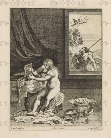 Venus using the toilet, print, album page, Venus sits naked on a stool and looks at herself in a mirror. In front of her a dove and behind her bathing essentials. On the right a view through to a man with a stick looking at Cupid. This print is part of an album., printmaker: Theodorus van Kessel, Southern Netherlands, after painting by Correggio, Italy, publisher: David Teniers (II), Brussels, grantor of privilege: Spanish crown, 1660, paper, etching, engraving, etching and engraving, height 220 mm x width 170 mm, David Teniers probably produced an oil study on canvas or panel (so-called pasticcio) of all the paintings in the collection of Leopold William of Austria, which served as a model for the printmakers. It is not always clear whether the pasticci were made by him or by his studio. Not all pasticci have survived., toilet or Venus, A monochrome etched scene shows a nude woman seated on a stool with long hair falling over her shoulders, holding a small framed mirror and a cloth wh...
