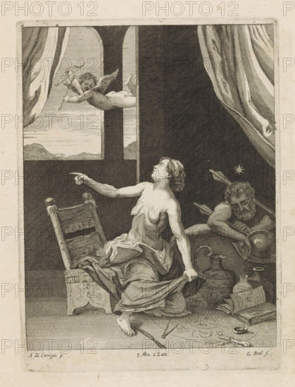 Amor with a sorceress and a sleeping soldier, print, album page, A half-naked sorceress with sagging breasts looks at Amor, who flies past her window. Surrounding her are magical attributes and inscriptions. On the right, a sleeping soldier. This print is part of an album., printmaker: Quirin Boel, Southern Netherlands, after painting by Correggio, Italy, publisher: David Teniers (II), Brussels, grantor of privilege: Spanish crown, 1660, paper, etching, engraving, etching and engraving, height 231 mm x width 171 mm, David Teniers probably produced an oil study on canvas or panel (so-called pasticcio) of all the paintings in the collection of Leopold William of Austria, which served as models for the printmakers. It is not always clear whether the pasticci were made by him or by his studio. Not all pasticci have survived., (story of) Cupid, Amor (Eros), the soldier, the soldier's life, witch(es), sorcerer(s) at work, A monochrome engraving shows an interior scene with a partially undres...