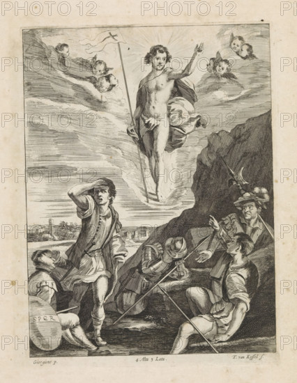 Resurrection of Christ, print, album page, Christ with banner rises and is surrounded by angels. The sleeping soldiers at his tomb are startled awake. This print is part of an album., printmaker: Theodorus van Kessel, Antwerp, after painting by Giorgione, Venice, after painting by anonymous, Veneto, publisher: David Teniers (II), Brussels, grantor of privilege: Spanish Crown, 1660, paper, etching, engraving, etching and engraving, height 231 mm x width 173 mm, Print after a painting by a Venetian painter located in the collection of the Kunsthistorisches Museum in Vienna (inventory number GG_347). David Teniers likely produced an oil study on canvas or panel (known as a pasticcio) of every painting in the collection of Leopold William of Austria, which served as models for the printmakers. It is not always clear whether the pasticci were made by him or by his studio. Not all pasticci have survived. Christ, usually holding a banner, emerges from the grave, often combined with sleeping a...